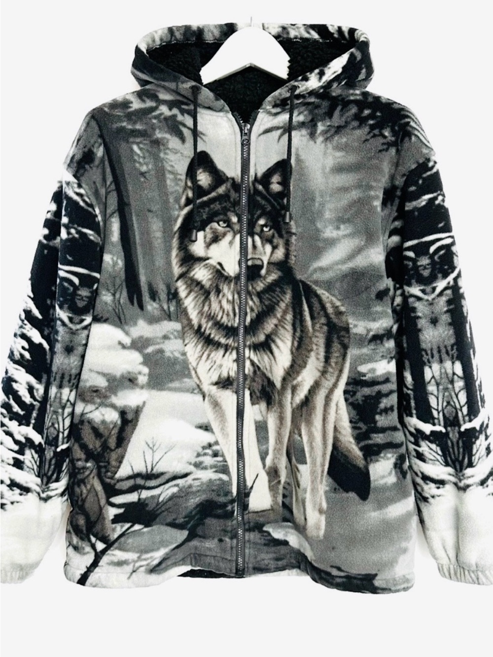 VTG Chunky fleece Wolf Print Hooded Zip Jacket